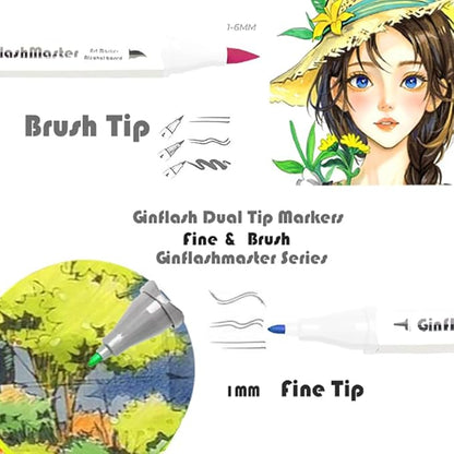 Ginflash Brush & Fine Tip Art Markers Pen Sketch Alcohol Based Markers Dual Tipped Manga Drawing Coloring Marker Art Supplies for Artist(280)