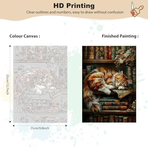 EOBROMD Framed Paint by Numbers Kits for Adults with Wooden Easel, Cat Bookshelf DIY Acrylic Paint by Number on Stretched Canvas, Painting Kits Adults Oil by Numbers for Home Decor 10x14 Inch - Image 2