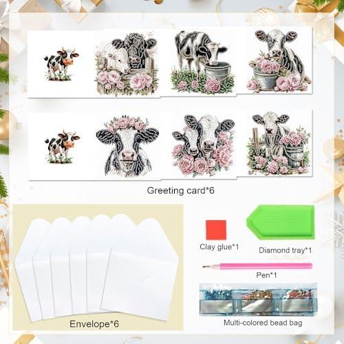 6pcs5D Diamond Painting Greeting Card kits, rose bucket Little Bull Adult DIY Diamond Art Greeting Card with envelope, special Valentine's Day creative gift - Image 3