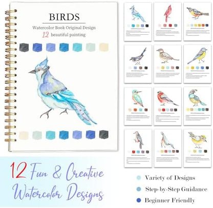 Easy Watercolor Workbook for Beginners - 12 Beautiful Step-by-Step Paintings Water Coloring Book, Includes 16 Colors Paints, Relaxing Art Projects and Creative Gift for Adults & Teen (Birds) - Image 7