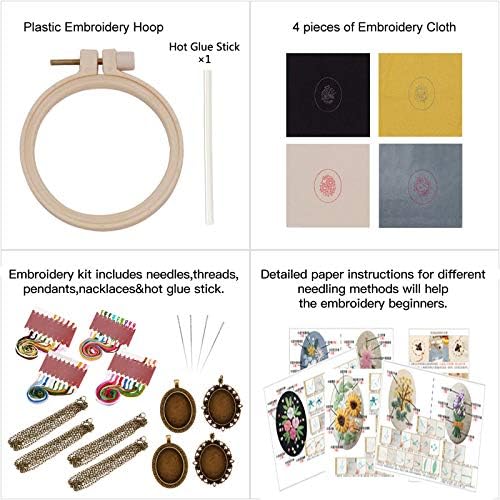 ZOCONE 4 Packs Embroidery Necklace Kits, Embroidery Pendant Kit Mini Cross Stitch Kit with Hoop, Necklace, Pendant, Stamped Pattern Cloth, Instructions, etc. Embroidery Kits for Adults - Image 2