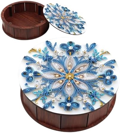 antor Mandala Snowflake Diamond Art Storage Box, Round Wooden DIY 5D Crystal Diamond Painting Desktop Ornament Organizer, Handmade Jewelry or Money Storage Box, Home Office Decor Crafts Gifts by antor