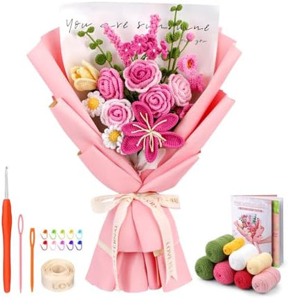 Iuuidu Crochet Kit for Beginners, Rose-Pink Flower Bouquet Crochet Kit by Iuuidu