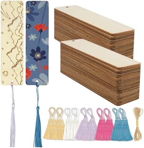 SWATOM Wood Bookmarks Blank DIY Wooden Bookmark Craft Bulk 50 PCS Unfinished Wood Tags Rectangle Shape Ornaments with Holes and Tassels for Wedding Party Birthday Decoration by SWATOM