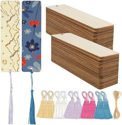 SWATOM Wood Bookmarks Blank DIY Wooden Bookmark Craft Bulk 50 PCS Unfinished Wood Tags Rectangle Shape Ornaments with Holes and Tassels for Wedding Party Birthday Decoration by SWATOM