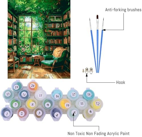 Clendo Paint by Number for Adults Beginners, Study Room Adults Paint by Numbers Kits on Canvas, DIY Oil Painting Acrylic Paints for Home Wall Art Decor(16x20inch) - Image 3