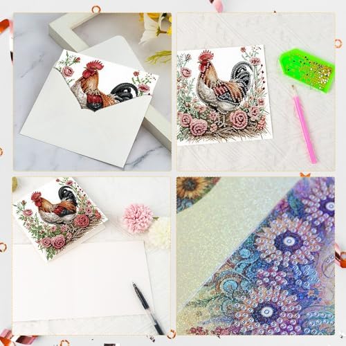Tontut 6pcs5D Diamond Art Painting Greeting Card kit, Flower Laying Hen Rooster Adult DIY with Envelope, Special Shape Diamond Design Greeting Card Creative Gift - Image 4