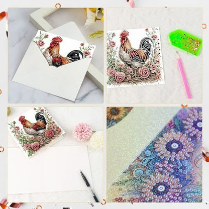 Tontut 6pcs5D Diamond Art Painting Greeting Card kit, Flower Laying Hen Rooster Adult DIY with Envelope, Special Shape Diamond Design Greeting Card Creative Gift - Image 4