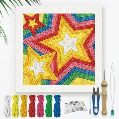 Doodlream Colorful Stars DIY Punch Needle Embroidery Kit for Adult Beginner, 9.4" Stars Punch Stitching Craft Set for Starter with Frame,Fabric Pattern,Threader, Yarn, Pinch Needle by Doodlream