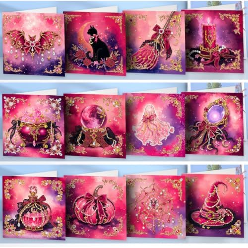 LAKEQUILL DIY Diamond Art Painting Greeting Kit, 12 Pieces, Creative Craft Set，Pink Halloween - Image 4