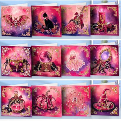 LAKEQUILL DIY Diamond Art Painting Greeting Kit, 12 Pieces, Creative Craft Set，Pink Halloween - Image 4