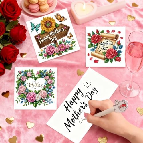 6Pcs Mother's Day Greeting Card DIY Diamond Art Painting Greeting Cards Special Shaped Diamond Blessing Folding Card Kit Arts Crafts for Holiday Festival-Flowers01 - Image 2