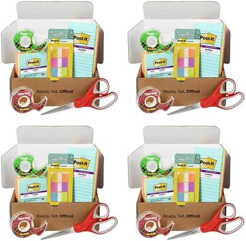 Scotch Post-it Brand Essentials Pack, Back to School and Office Supplies, Includes Super Sticky Notes, Flags, Magic & Super Hold Tape & Multi-Purpose Scissors (Pack of 4) by Unknown