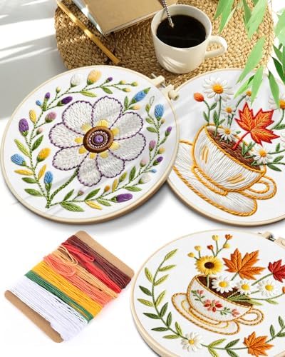 TINDTOP Embroidery Kit for Adult, 3 Pack Embroidery DIY Starter Kit, with Stamped Patterns, Hoop, Tools, Colorful Threads with Needles, Instructions (Flower Cup) - Image 7