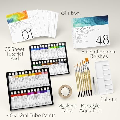 CHROMATEK Watercolor Tutorial Set, 7 Part Video Course, 84 Piece All-In-One Kit, Adults, Beginner & Professional Artists, 48 Watercolor Paint Tubes, 25 Page Workbook, 8 Brushes, Aquapen, Palette, Tape - Image 2