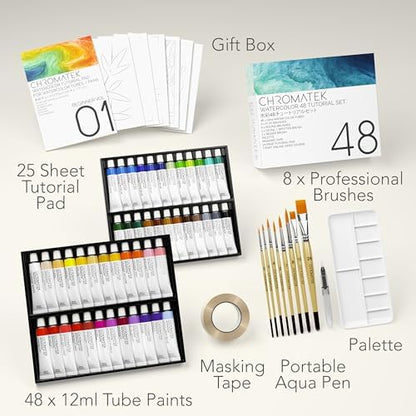 CHROMATEK Watercolor Tutorial Set, 7 Part Video Course, 84 Piece All-In-One Kit, Adults, Beginner & Professional Artists, 48 Watercolor Paint Tubes, 25 Page Workbook, 8 Brushes, Aquapen, Palette, Tape - Image 2