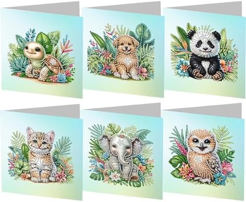 jinglinhh 6pcs Diamond Art Painting Garden Animal Seaturtle Dog Panda Elephant Owl Cat Greeting Cards with Envelopes, DIY Card Making Kits for Adults, Diamond Art Postcards Holiday Cards Craft Gifts by Unknown