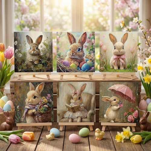 YooNotee 6 Pack Easter Paint by Numbers Kit Canvas with Wooden Easels & Brushes, 8 x 8 inches Easter Canvas Set for Adults Easy Acrylic Paint Kit Beginner for Rabbit Home Decor - Image 5