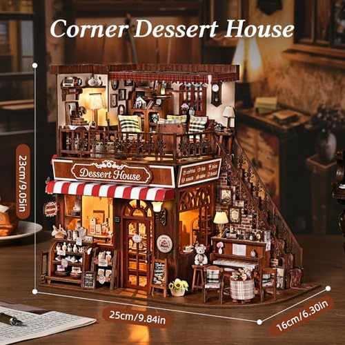DIY Miniature House Kit, Dollhouse Fantastic Corner Shop for Adults to Build, Birthday/Christmas Day Gift for Family and Friends, Prefab Tiny Home with LED Lights,Corner Dessert House - Image 3