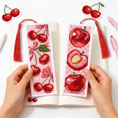 INFUNLY 6PCS Pink Cherry Cross Stitch Bookmark Kit for Adults 8.5"×3" Stamped Embroidery Bookmark Kit Bow DIY Bookmark Cross Stitch Kits with Instruction for Book Lovers Reader Writers - Image 7