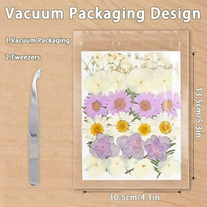 Dried Pressed Flowers Real Pressed Flowers Natural Dry Leaves Bulk Mixed Colorful Herbs Kit with Tweezers for Scrapbooking DIY Candle Jewelry Crafts Making Nails (White, Purple, Blue) - Image 3