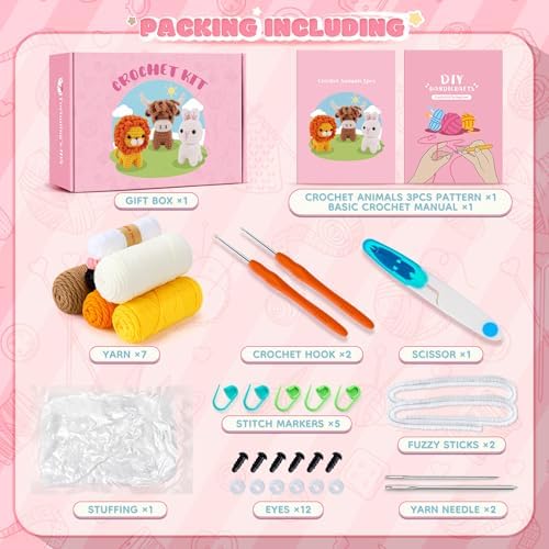 Fortuning's JDS Crochet Kit for Beginners, Amigurumi Crochet Animal Kits, Crocheting Kit for Starters Adult with Step-by-Step Video Tutorials, Animal Kits with Highland Cow, Lion, Bunny - Image 2