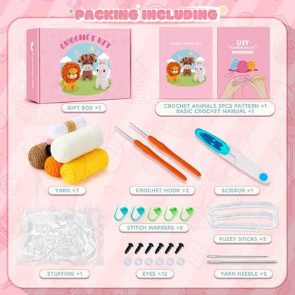 Fortuning's JDS Crochet Kit for Beginners, Amigurumi Crochet Animal Kits, Crocheting Kit for Starters Adult with Step-by-Step Video Tutorials, Animal Kits with Highland Cow, Lion, Bunny - Image 2