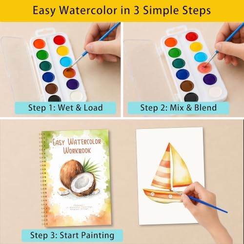 Summer Watercolor Workbook, Water Coloring Book with 12 Different Summer Beach Tropical Plant Coconut Paintings Original Designs, Watercolor Book Set with Palette and Brush, Relaxing Art for Beginners - Image 3