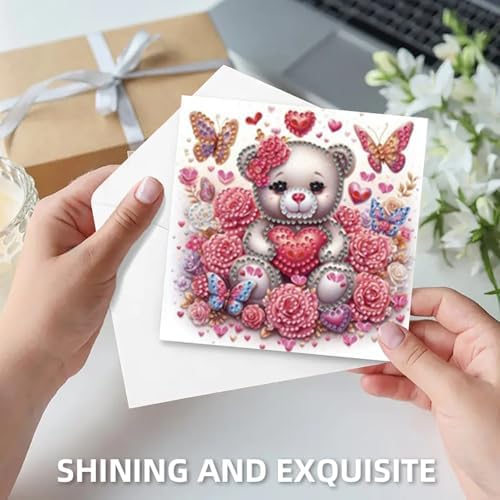 jinglinhh 6pcs Bear Rose Flowers Heart-Shaped Balloon Gifts Diamond Art Painting Greeting Cards with Envelopes, DIY Card Making Kits for Adults, Diamond Art Postcards Christmas Cards Craft Gifts - Image 6
