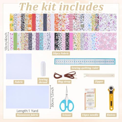 WEBEEDY DIY Quilt Tote Bag Kit for Adult Beginners DIY Small Rectangular Crossbody Bag Kit with Video Tutorial,50 Styles Fabrics,Quilting Tools for Sewing Patchwork Valentine's Day Craft Gift - Image 2