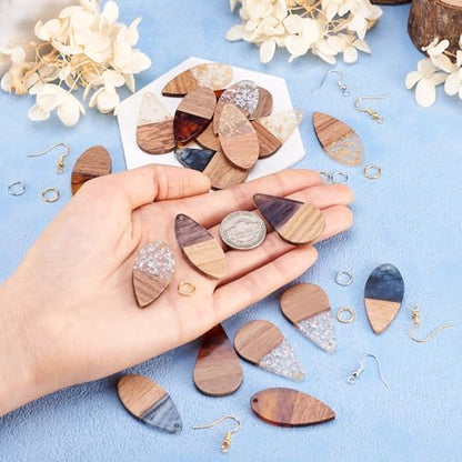 Cheriswelry Earring Making Kit 24Pcs 38x18-22mm Teardrop Resin Walnut Wood Pendants with 60Pcs 17-19mm Brass Earring Hooks 60Pcs 8x1mm Brass Jump Rings for DIY Dangle Earring - Image 5