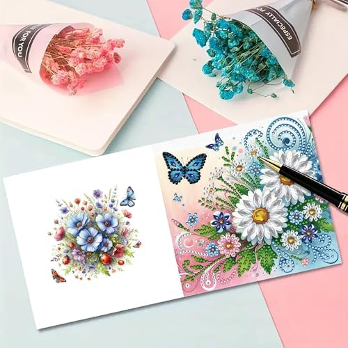 6Pcs Greeting Card DIY Diamond Art Painting Greeting Cards Special Shaped Holiday Blessing Folding Card Kit with Envelope Arts Crafts for Birthday Festival-Flowers03 - Image 3