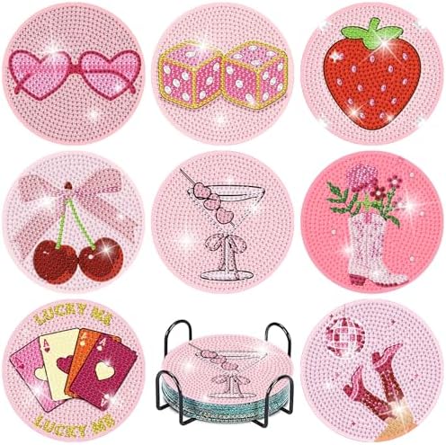 8 Pcs Diamond Art Coasters with Holder, Pink Cute Diamond Painting Kits for Adults Beginners, Non-Slip Gem Art Coasters for Home Decor Gift by tigdtiu