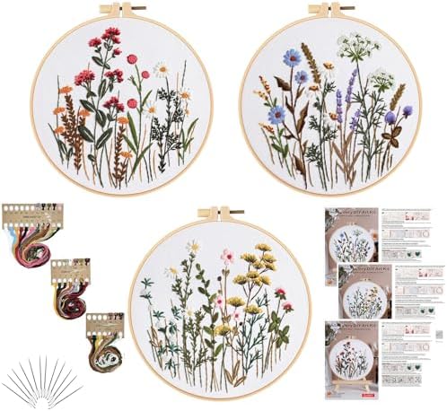 GLTAYLMY Flower Embroidery Kit for Beginners with Pattern and Instructions,3 Pack Cross Stitch Kits,1 Plastic Embroidery Hoops,Threads and Needles,Needlepoint Kit for Adults by GLTAYLMYFortuneSmilesonJoyfulTradingwithEveryone