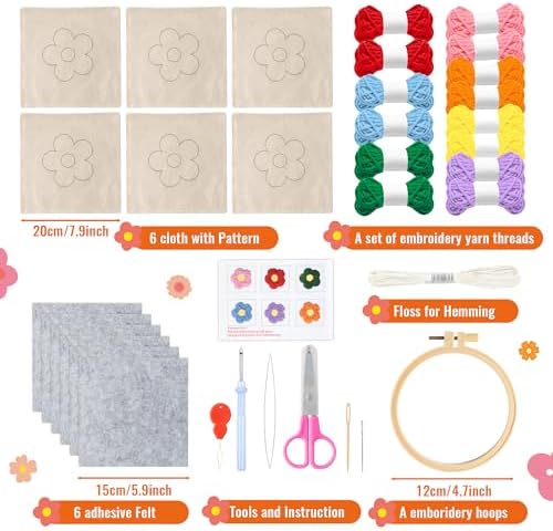 WATINC Punch Needle Coaster Kit - 6 Pattern DIY Craft for Beginners, Flower - Image 2