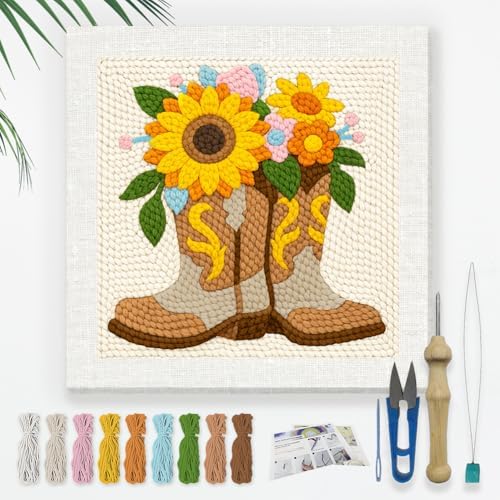 DOODLREAM Western Boots Punch Needle Kit for Beginner, 9.4"x9.4" Sunflower Punch Stitching Craft Set, DIY Embroidery Starter with Printed Frame, Instruction, Threader, Yarn, Pinch Needle by Doodlream