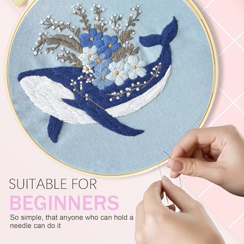 Huacan Embroidery Kit for Beginners Adults Includes Stamped Bee and Dolphin Pattern, Hoop, Color Threads,Tools,Easy to Follow Instruction - Image 3