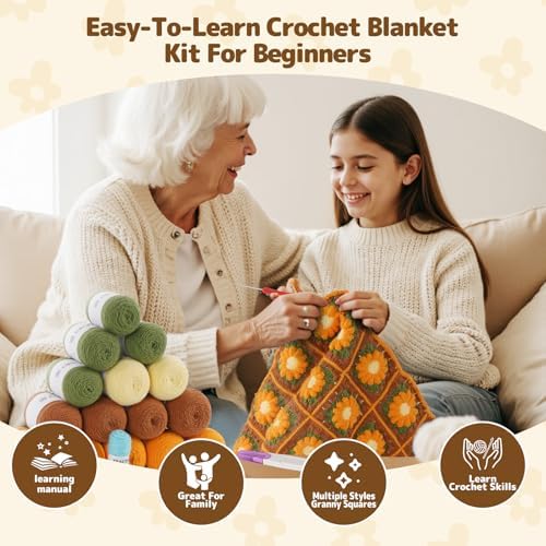 WILSHIN Blanket Crochet Kit for Beginners - Granny Squares Crochet Kit with Soft Yarns, Step-by-Step Tutorials & Detailed Instructions, Easy Craft Gift for Adults (Yellow Sunflower) - Image 3