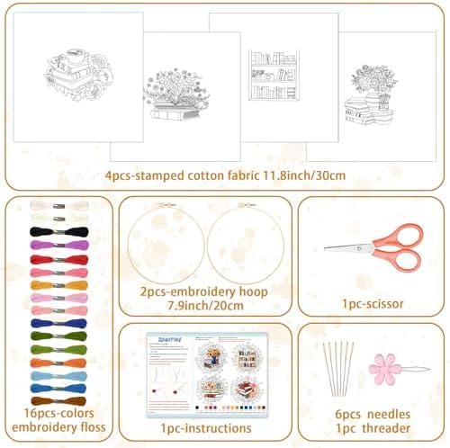 BEUNITONE 4 Set Book Flower Embroidery Kit for Adult Beginners 7.9x7.9 DIY Cross Stitch Kits Needlepoint Starter Kit with Pre-Printed Design and Hoops, Stamped Embroidery Kit for Home Ofiice Decor - Image 2