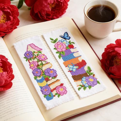 ORIGACH 6 Set Stacked Books & Flower Cross Stitch Bookmark Kit for Beginner - Image 6