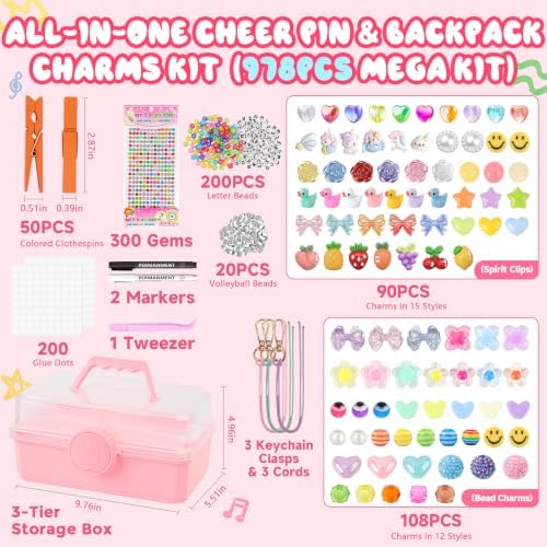 978Pcs 2-in-1 Volleyball Clips Decorating & Bag Charm Kit with 3-Tier Box, DIY Cheer Pins Crafts Supplies, 50 Wooden Cheer Clothes Pins, 3 Beaded Keychains, Volleyball Team Spirit Cheerleader Gifts - Image 2