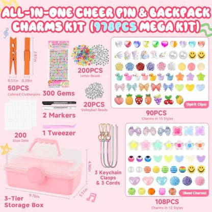 978Pcs 2-in-1 Volleyball Clips Decorating & Bag Charm Kit with 3-Tier Box, DIY Cheer Pins Crafts Supplies, 50 Wooden Cheer Clothes Pins, 3 Beaded Keychains, Volleyball Team Spirit Cheerleader Gifts - Image 2