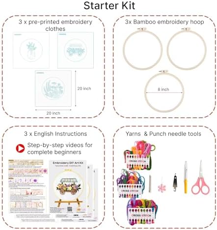 Looples Embroidery Kit for Beginners and Adults with Video Tutorials – DIY Starter Kit with 3 Stamped Floral Patterns, Hoops, Threads, Needles, and Instructions - Cart, Glass Jar, and Flowers - Image 3