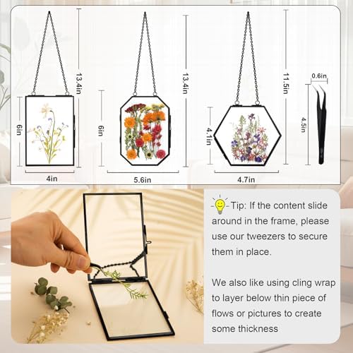 FOCHIER F Hanging Pressed Flower Frames, 3Pcs Double Glass Floating Picture Frame Handmade, Glass Frame for Pressed Flowers, Vintage Brass Picture Frame for Artwork Wall Display Mount, Black - Image 2