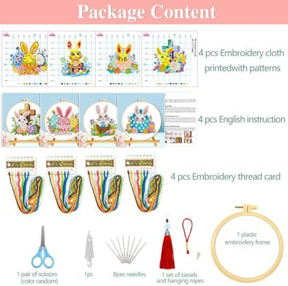 Zhenging Easter Cross Stitch Kit with 4 Bunny & EggPatterns -9.45x9.45 Inch Hoop, Pre-Printed Fabric,Threads, Tools -DlY Easter Craft Gift for Adults, HomeDecor - Image 4