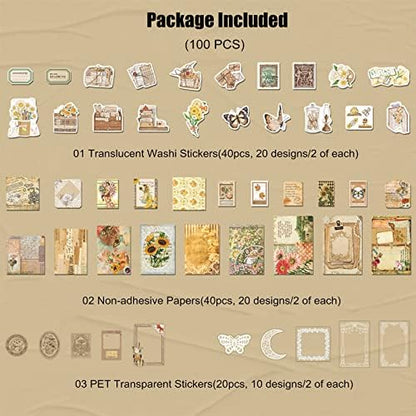 Esweny 100 PCS Vintage Ephemera Pack Journaling Scrapbooking Supplies Scrapbook Sticker Paper Kit for Junk Journal Planners Collage Craft Notebooks Decoupage Album (Sunflower) - Image 2