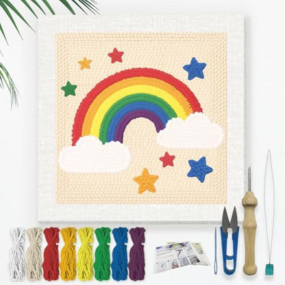 Doodlream Rainbow Star DIY Punch Needle Embroidery Kit for Adult Beginner, 9.4" Rainbow Punch Stitching Craft Set for Starter with Frame, Fabric Pattern, Threader, Yarn, Pinch Needle by Doodlream