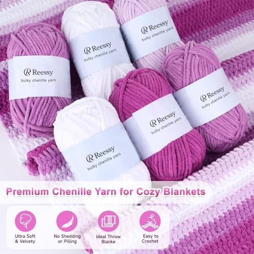Reessy Crochet Blanket Kit for Adult Beginners, Purple Ombre Chenille Yarn - Image 4
