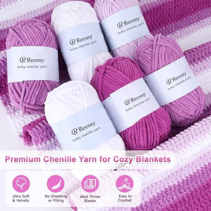 Reessy Crochet Blanket Kit for Adult Beginners, Purple Ombre Chenille Yarn - Image 4