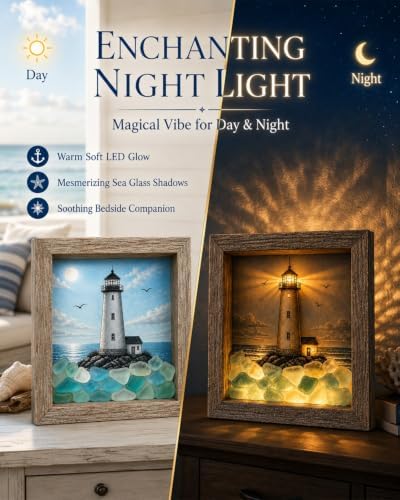 Coastal Lighthouse Sea Glass Shadow Box Night Light Nautical Beach Lamp Home Decor DIY Wooden Picture Frame Ocean Theme Craft Kit Starfish Shells Art Bedside Reading Corner Gift for Adult(#2,Battery) - Image 3
